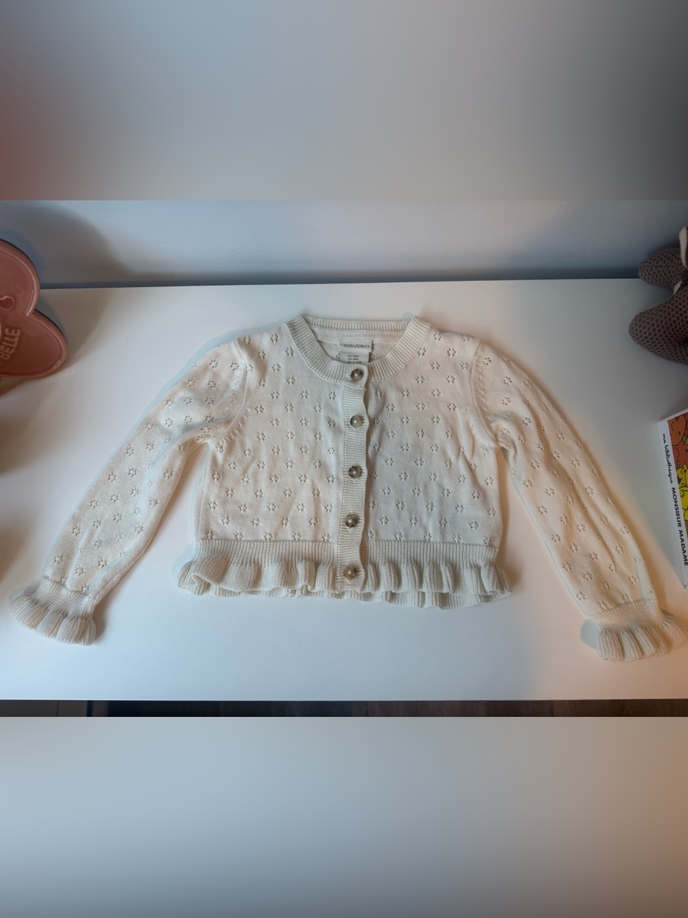 🤍 NWOT Cynthia Rowley • Cream Knit Ruffle Hem Pointelle Cardigan • 18M